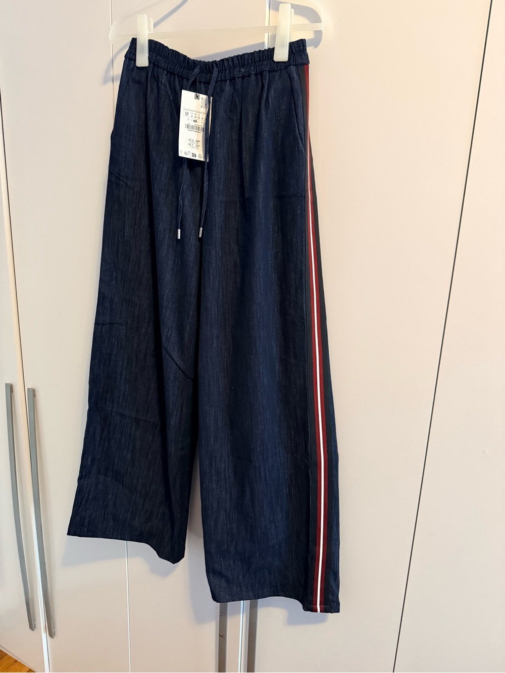 Zara Navy Elastic-Waist Wide-Leg Pants with Drawstring